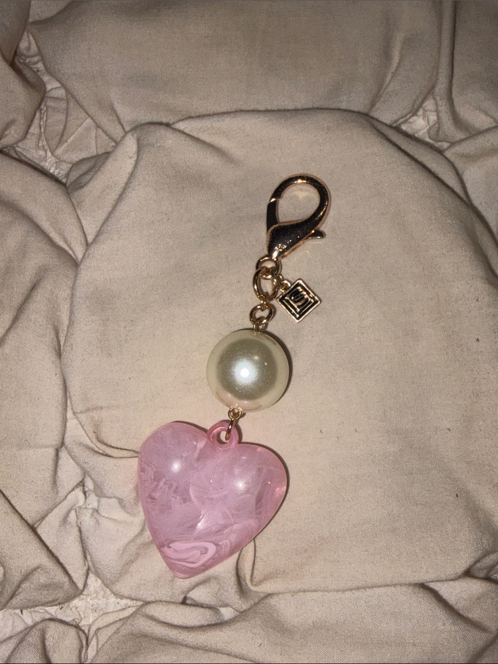 Free People Pink Swirl Resin Heart Pearl Drop Bag Charm Keychain Coquette Chic